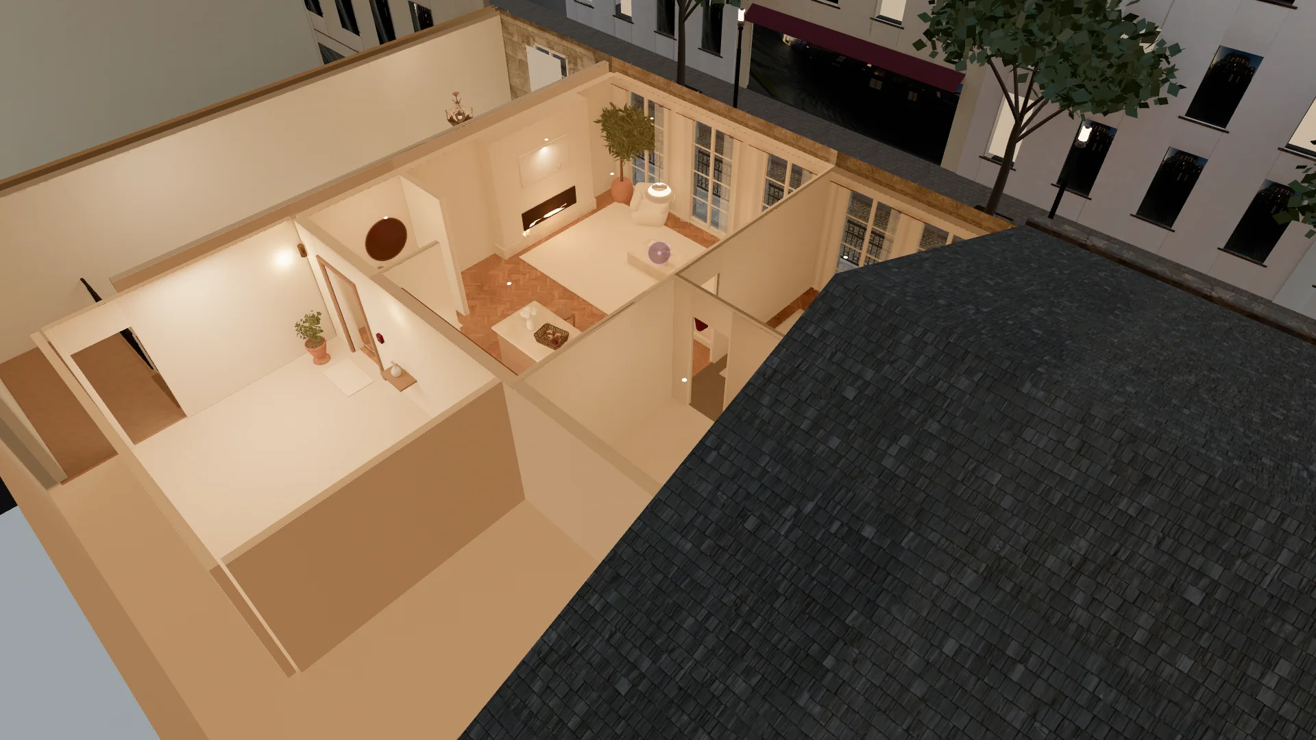 Vue d’ensemble de l’appartement, vu du dessus : entrée, cuisine, salon, chambre et salle de bain.