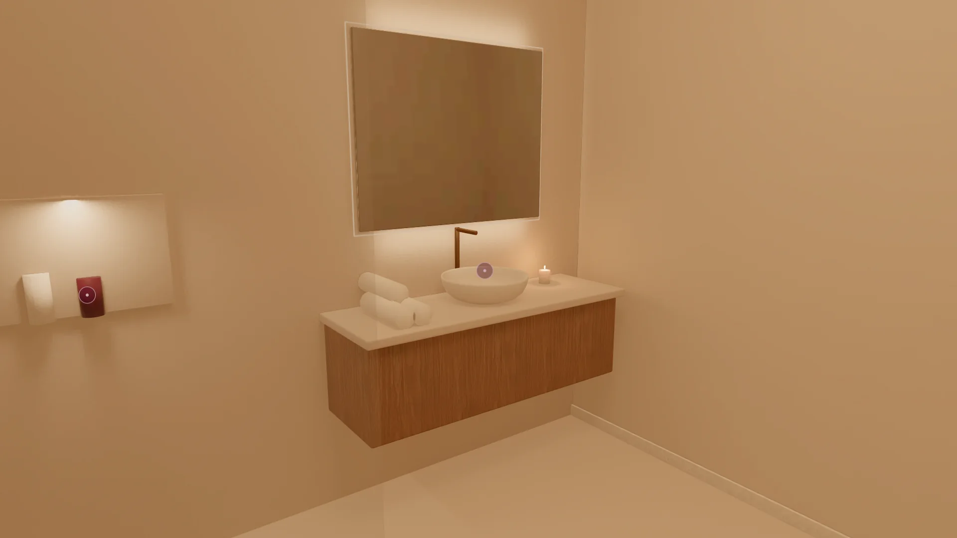 La salle de bain : douche à l’italienne, vasque posée, miroir rétroéclairé et serviettes roulées.